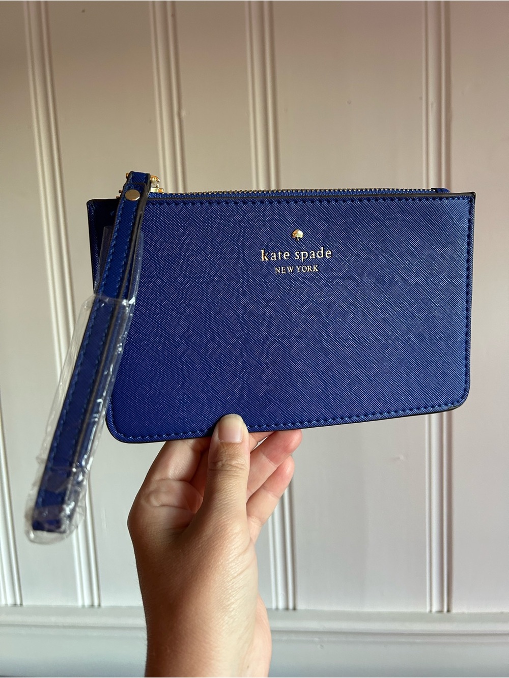 kate spade cobalt blue leather wristlet clutch